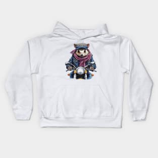 hedgehog wearing a jacket hat and a scarf on a motorcycle Kids Hoodie
